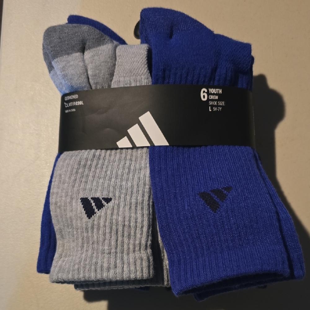 Adidas Youth Athletic Socks in Blue, Black and Gray Size 5-7Y